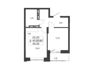 2-к квартира, строящийся дом, 44м2, 15/17 этаж