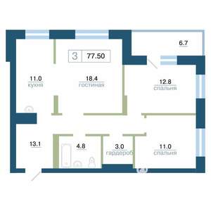 3-к квартира, строящийся дом, 78м2, 4/24 этаж