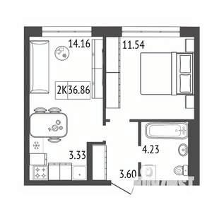 2-к квартира, строящийся дом, 37м2, 13/17 этаж