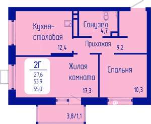 2-к квартира, строящийся дом, 55м2, 18/24 этаж