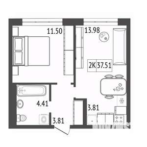 2-к квартира, вторичка, 38м2, 2/17 этаж