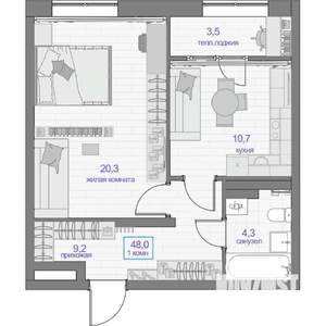 1-к квартира, вторичка, 48м2, 2/16 этаж