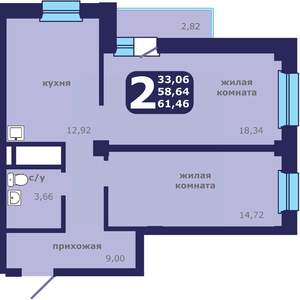 2-к квартира, строящийся дом, 61м2, 12/25 этаж