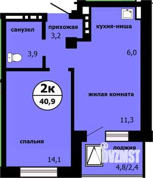 2-к квартира, строящийся дом, 40м2, 6/19 этаж