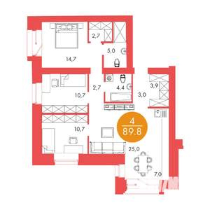 4-к квартира, строящийся дом, 90м2, 4/17 этаж