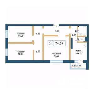 3-к квартира, строящийся дом, 74м2, 7/17 этаж