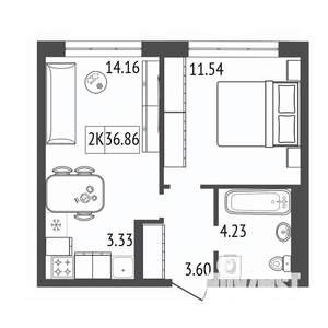 2-к квартира, строящийся дом, 37м2, 6/17 этаж