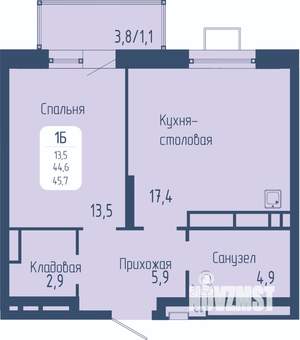 1-к квартира, строящийся дом, 46м2, 13/15 этаж