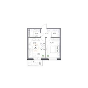 2-к квартира, строящийся дом, 43м2, 8/17 этаж