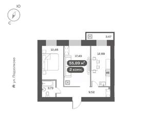 2-к квартира, вторичка, 56м2, 12/16 этаж