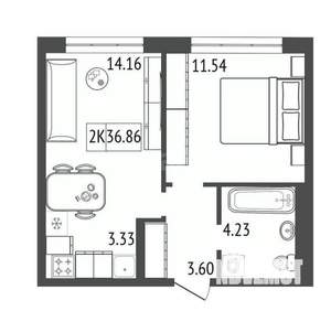 2-к квартира, вторичка, 37м2, 3/17 этаж