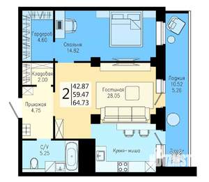 2-к квартира, строящийся дом, 65м2, 17/25 этаж