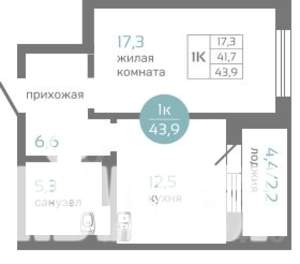 1-к квартира, строящийся дом, 44м2, 10/19 этаж