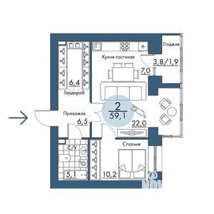 2-к квартира, строящийся дом, 59м2, 16/17 этаж