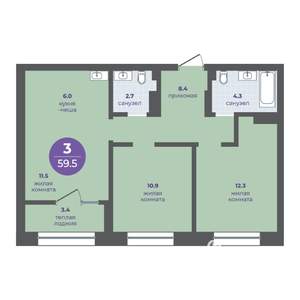 3-к квартира, вторичка, 56м2, 2/25 этаж