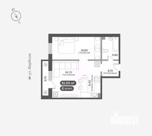 2-к квартира, вторичка, 51м2, 1/17 этаж