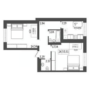 2-к квартира, строящийся дом, 54м2, 12/17 этаж