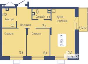 2-к квартира, строящийся дом, 69м2, 2/15 этаж