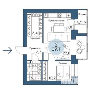 2-к квартира, строящийся дом, 59м2, 16/17 этаж