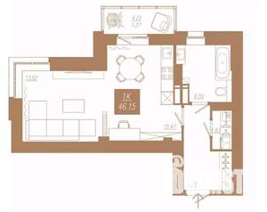 1-к квартира, вторичка, 46м2, 13/23 этаж