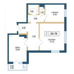 2-к квартира, вторичка, 56м2, 9/17 этаж