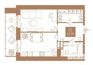1-к квартира, строящийся дом, 44м2, 14/23 этаж