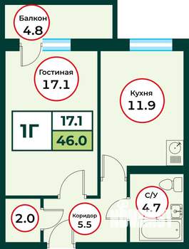 1-к квартира, строящийся дом, 46м2, 7/8 этаж