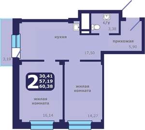 2-к квартира, строящийся дом, 60м2, 16/25 этаж