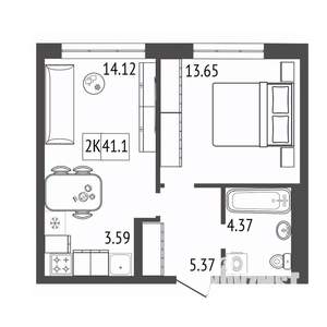 2-к квартира, строящийся дом, 41м2, 8/17 этаж