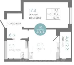 1-к квартира, строящийся дом, 44м2, 6/19 этаж