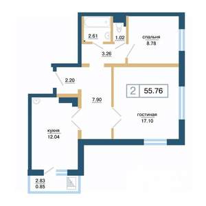 2-к квартира, строящийся дом, 56м2, 17/17 этаж