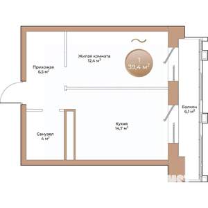 1-к квартира, строящийся дом, 39м2, 7/24 этаж