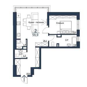 2-к квартира, строящийся дом, 60м2, 18/23 этаж