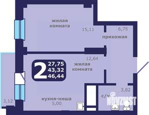 2-к квартира, строящийся дом, 46м2, 13/25 этаж