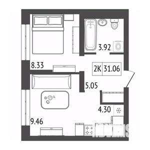2-к квартира, строящийся дом, 31м2, 6/17 этаж
