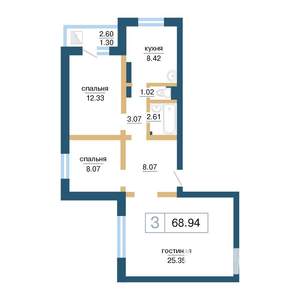 3-к квартира, строящийся дом, 70м2, 17/17 этаж