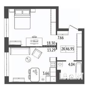 2-к квартира, вторичка, 47м2, 9/17 этаж
