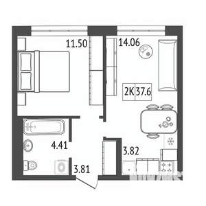 2-к квартира, строящийся дом, 38м2, 7/17 этаж