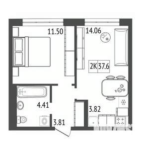 2-к квартира, строящийся дом, 38м2, 4/17 этаж