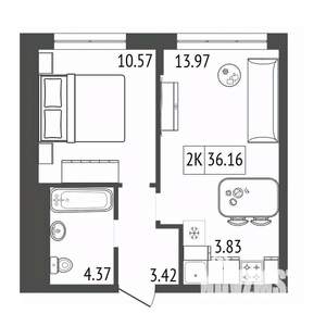 2-к квартира, вторичка, 36м2, 3/17 этаж