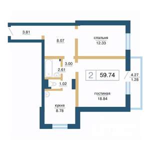 2-к квартира, строящийся дом, 60м2, 14/17 этаж