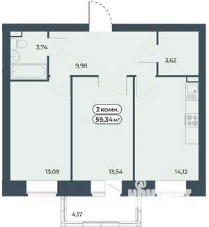 2-к квартира, строящийся дом, 59м2, 4/9 этаж