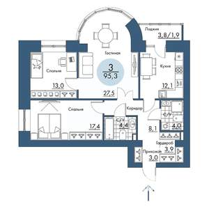 3-к квартира, строящийся дом, 95м2, 4/17 этаж