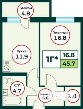 1-к квартира, строящийся дом, 46м2, 7/8 этаж