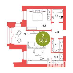 2-к квартира, строящийся дом, 58м2, 7/17 этаж