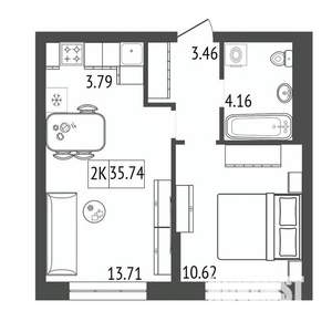 2-к квартира, строящийся дом, 36м2, 4/17 этаж