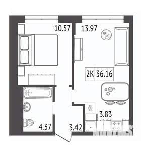 2-к квартира, строящийся дом, 36м2, 6/17 этаж