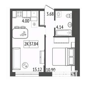 2-к квартира, строящийся дом, 38м2, 14/17 этаж