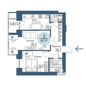 2-к квартира, вторичка, 62м2, 3/17 этаж