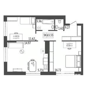 3-к квартира, строящийся дом, 63м2, 3/17 этаж
